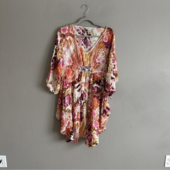 Badgley Mischka Dresses & Skirts - Badgley Mischka Silk Beaded Floral Kaftan Mini Dress Medium